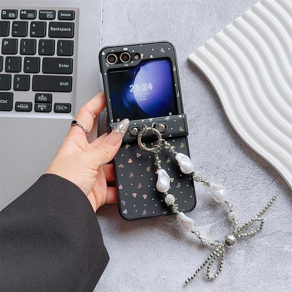 Cute Love Bowknot Phone Case with Wrist Strap For Samsung Galaxy Z Flip 6 5 4 3 Hard Plastic Hinge Protective PU Leather Cover