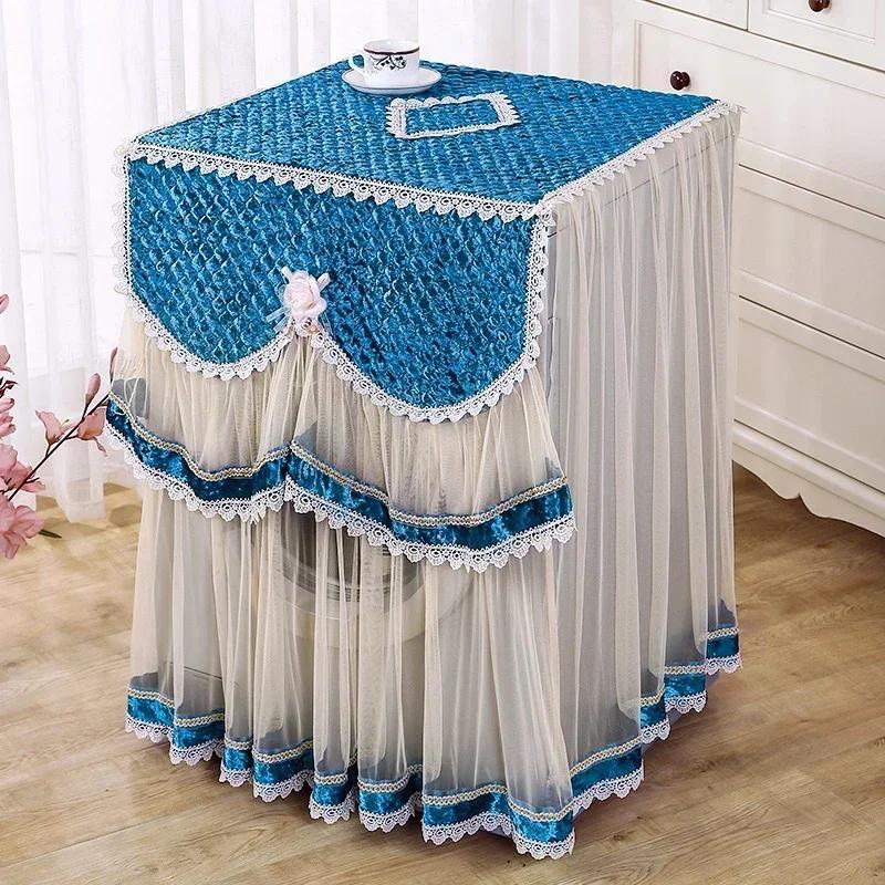 Washing Machine Cover Universal Washing Machine Cover with Roller and Wave Wheel Upflip Washing Machine Dustproof Lace Cover