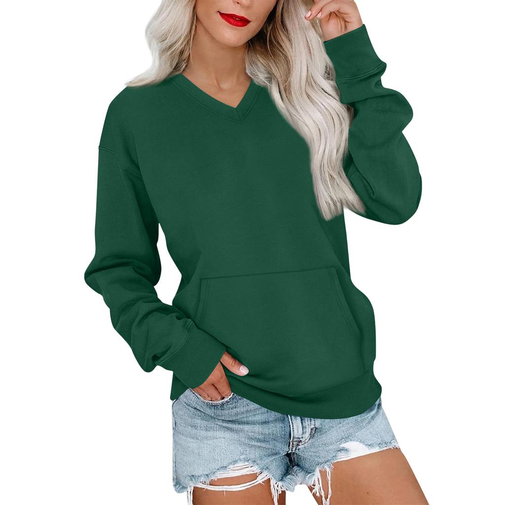 Women's Casual Fashion Solid Color V-Neck Long Sleeve Sweatshirt Lightweight Pullover With Pockets Warm Sweatshirt