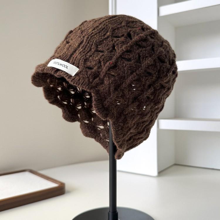 Wool Knitted Baotou Hat Autumn and Winter Warm Cold Hat Fashion Hollow Handmade Crocheted Pullover Hat Fashionable Women's Cold Hat