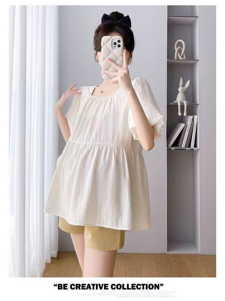 2025 Korean Style Square Neck Maternity Puff Sleeve Babydoll Top