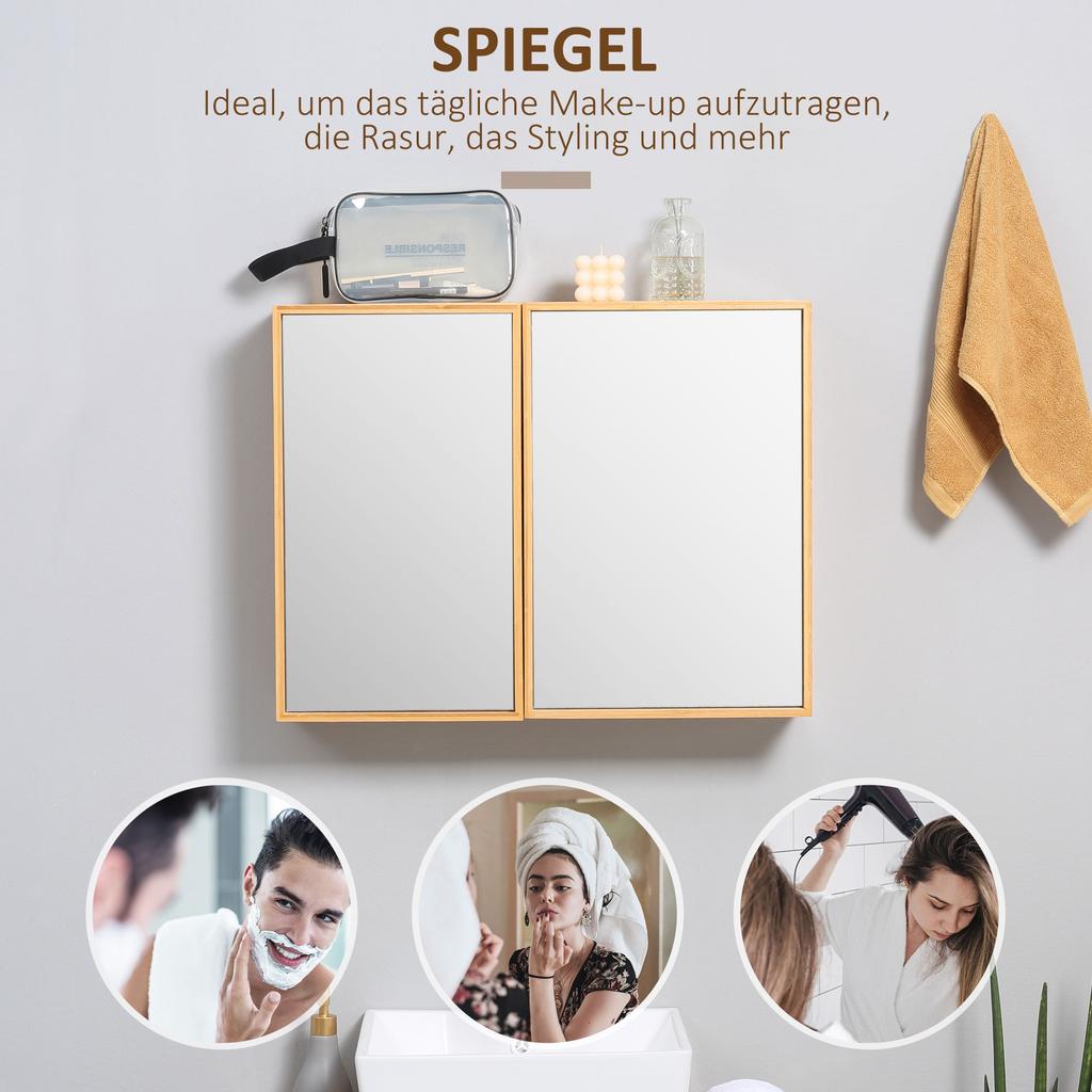 Bathroom Cabinet With Mirror Doors Multiple Interior Compartments Robust Housing Made Of Bamboo Wood 65.2 X 14 X 50 Cm