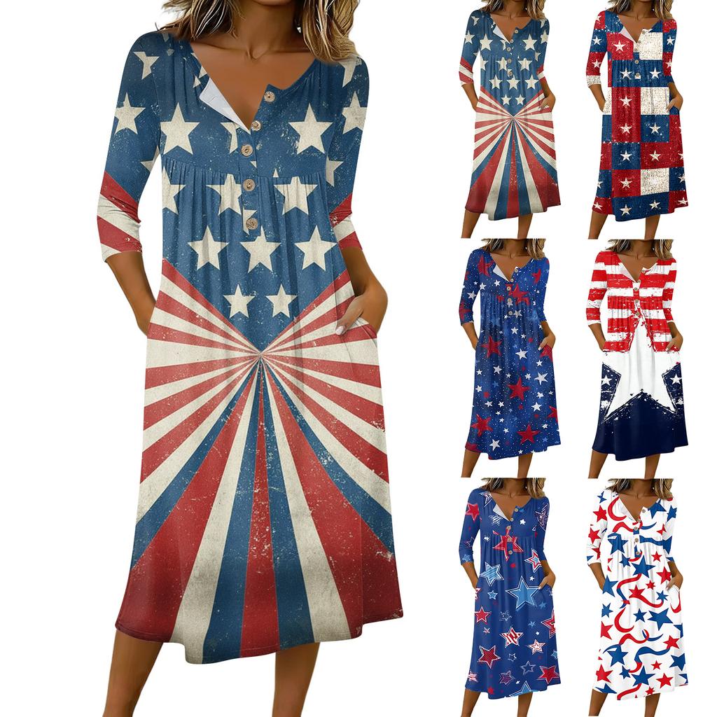 Women’s Casual 3/4 Sleeve Button Neck Mid-Length Dress with Star Print Relaxed Fit Suitable for Daily Wear and Seasonal Outings