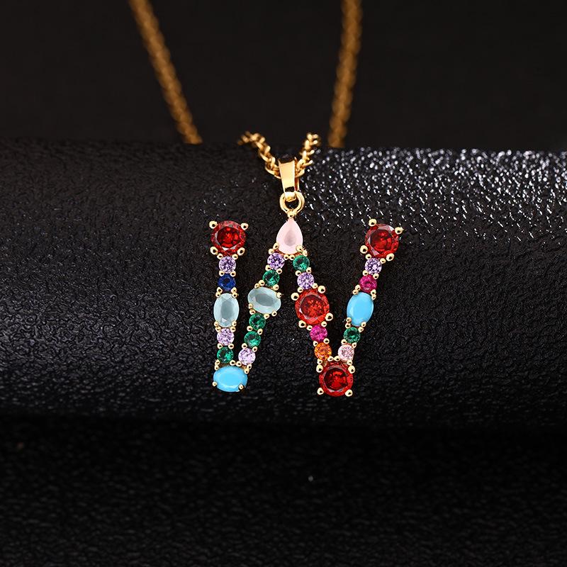 

Women s 26-Letter Copper Necklace with Colored Zircon, Agate, and Stainless Steel Chain