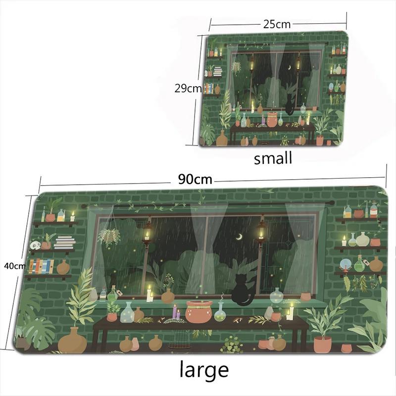 Green Windowsill Bunny Print Extended Mouse Pad Cute Forest Rabbit Nonslip Desktop Keyboard Mat