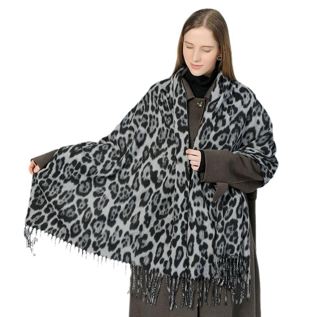 Winter Cashmere Scarf Shawl Women's Fashion Leopard Design Fringe Detailing Warm Cozy Luxurious Soft Wrap