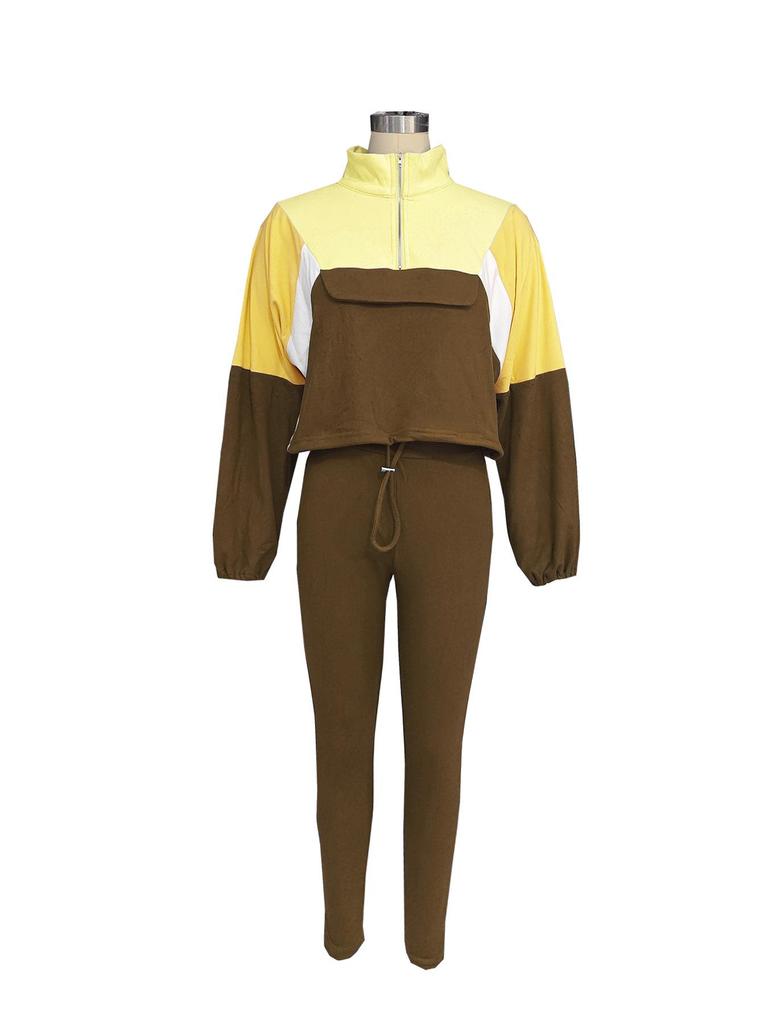 Autumn Color Block Hoodie & Skinny Pants Two-Piece Set