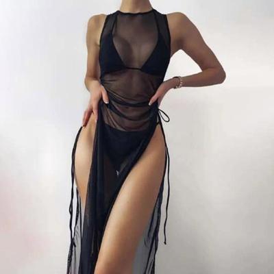 Robe cache-cœur pour femmes, col rond, fente haute, maille transparente, sans manches