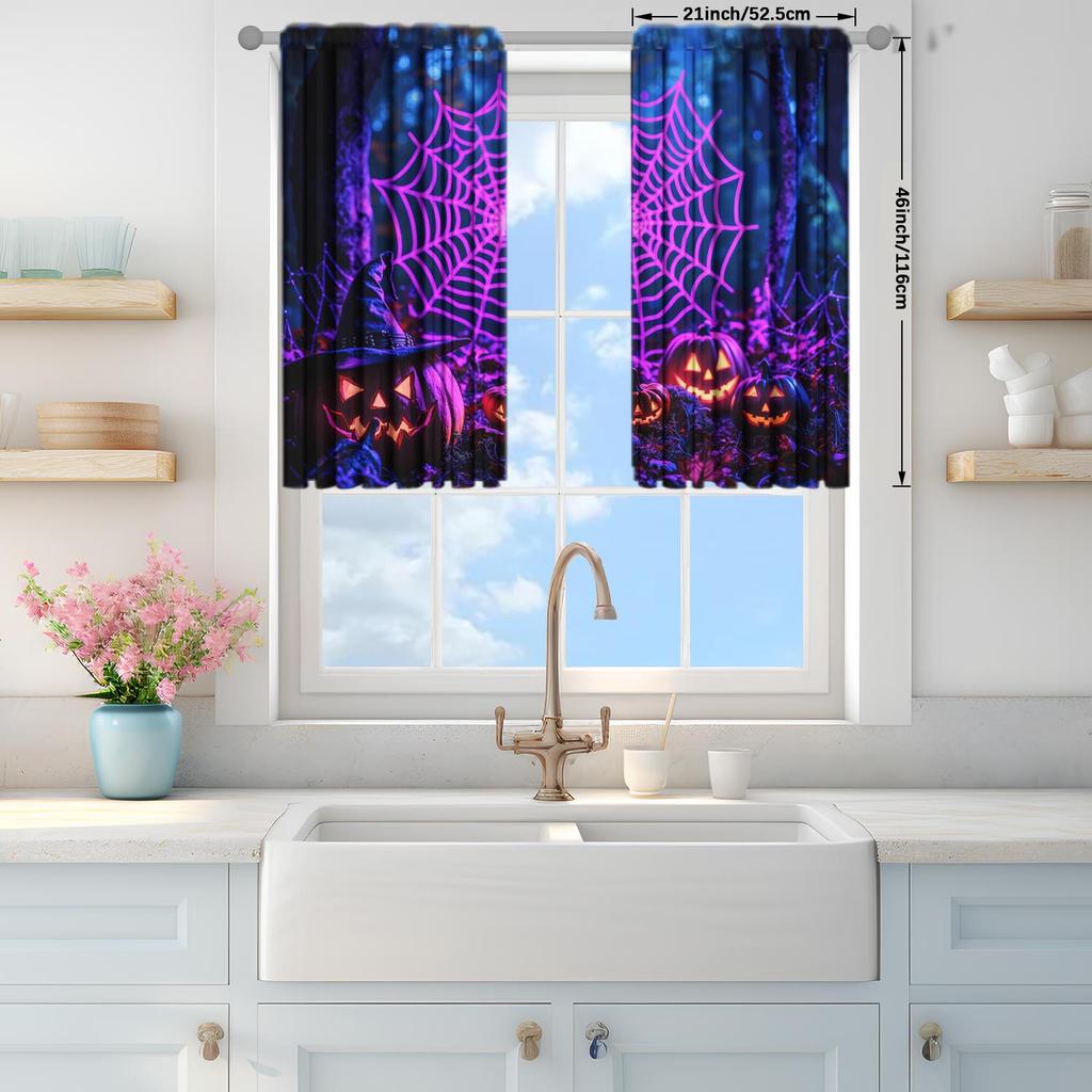 2 Piece Terrifying Pumpkin Lanterns and Spider Web Printed Curtains   Semi Blackout Pole Through Curtains