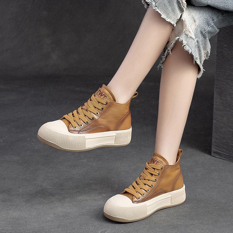 Fashion GKTINOO Spring Autum High Top Women Sneakers Genuine Leather Lace-Up Casual Shoes Handmade Concise Platform Sneakers