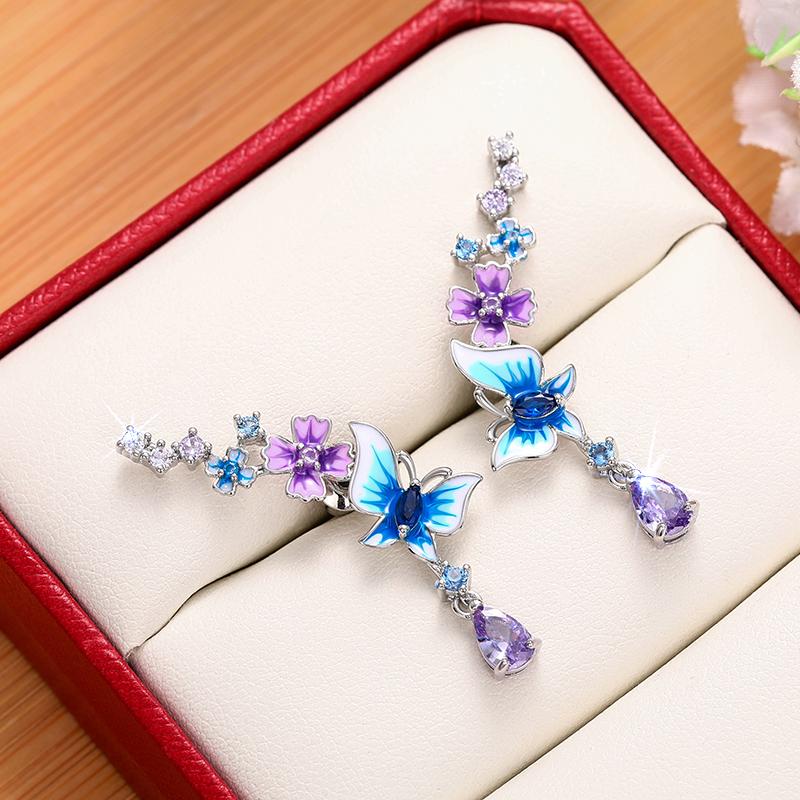 Huitan Aesthetic Flower Butterfly Pendant Earrings Lady Anniversary Party Accessories with Bright Zirconia Exquisite Zircon