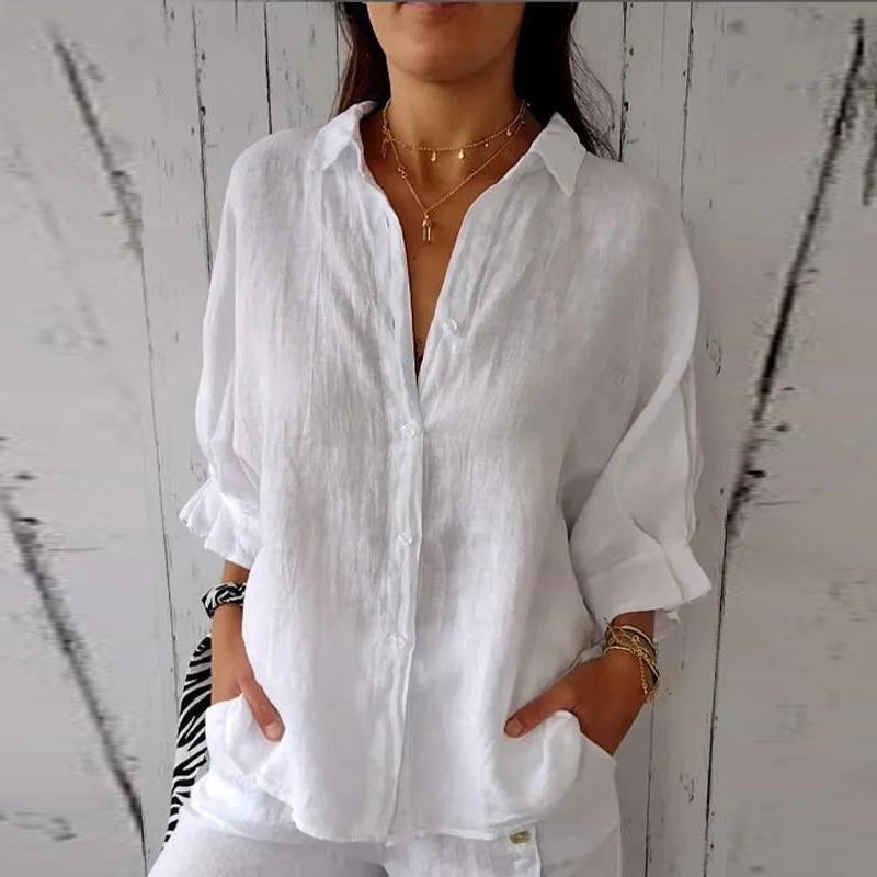 

Жіноча весняна бавовняна лляна сорочка з дизайном на краватці, однобортні жіночі вільні повсякденні блузки Повсякденний стиль для поїздок M білий