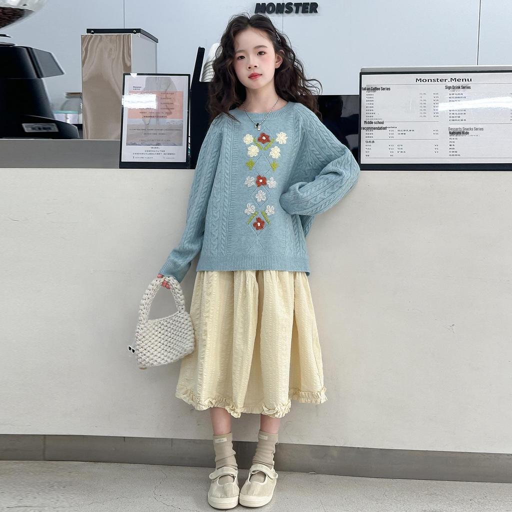 Strickpullover & Rock Set für Mädchen Herbst 2025 - Zweiteiler im koreanischen Stil für große Kinder.