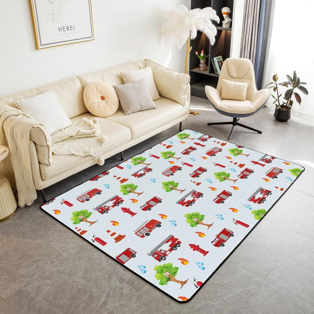 Firefighting Truck Area Rug, Fire Truck Carpet for Teen Boys, Cartoon Emergency Rescue Vehicle Floor Mat for Living Room Bedside