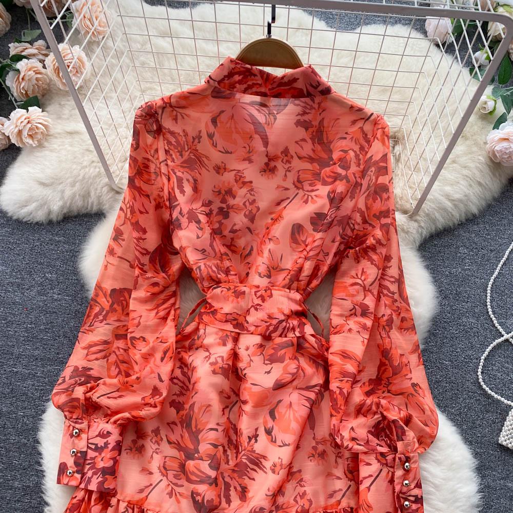 Damska Sukienka High Cold Imperial Sister Wind Wiosna i Jesień Wiązana w Pasie Elegancki Temperament Rozkloszowana Długa Sukienka