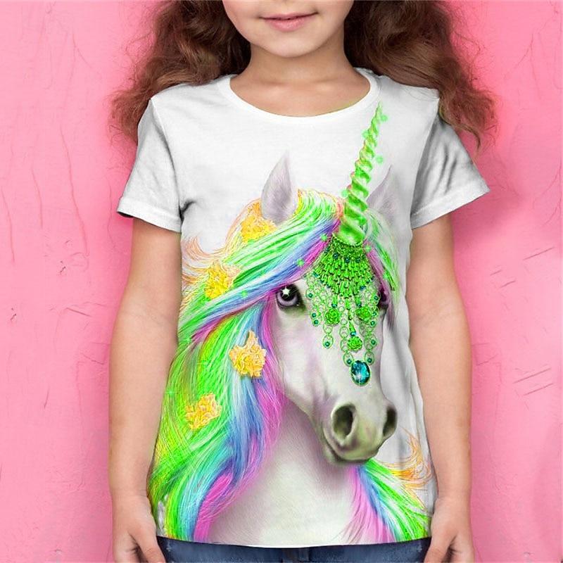 Mädchen T-Shirt mit 3D-Tier Einhorn Kurzarm 3D-Druck Sommer Frühling Aktiv Mode Niedlich Kinder 3-12 Jahre Outdoor Täglich Normale Passform