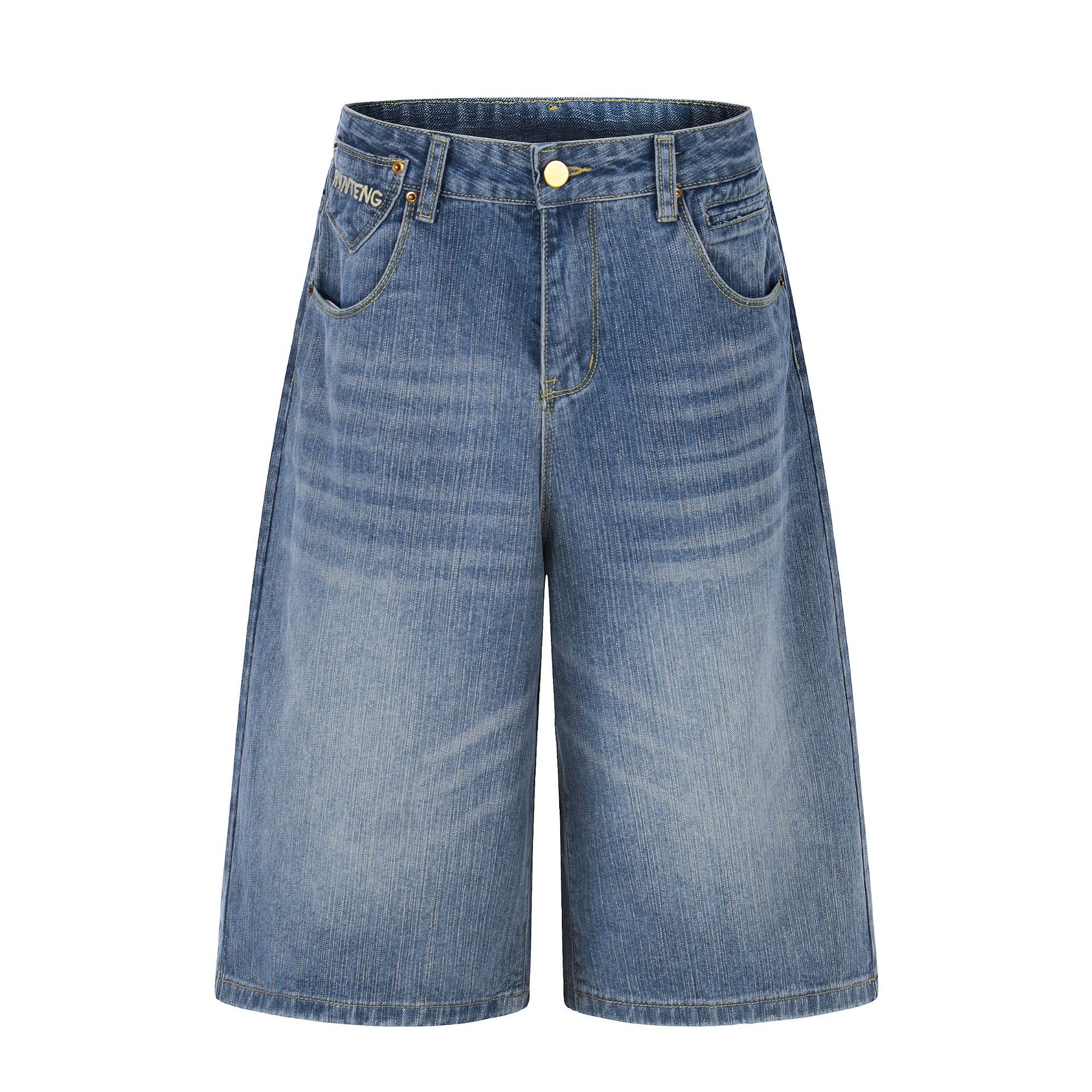 European, American retro bamboo denim cropped pants embroidered personalized cleanfit pants men S