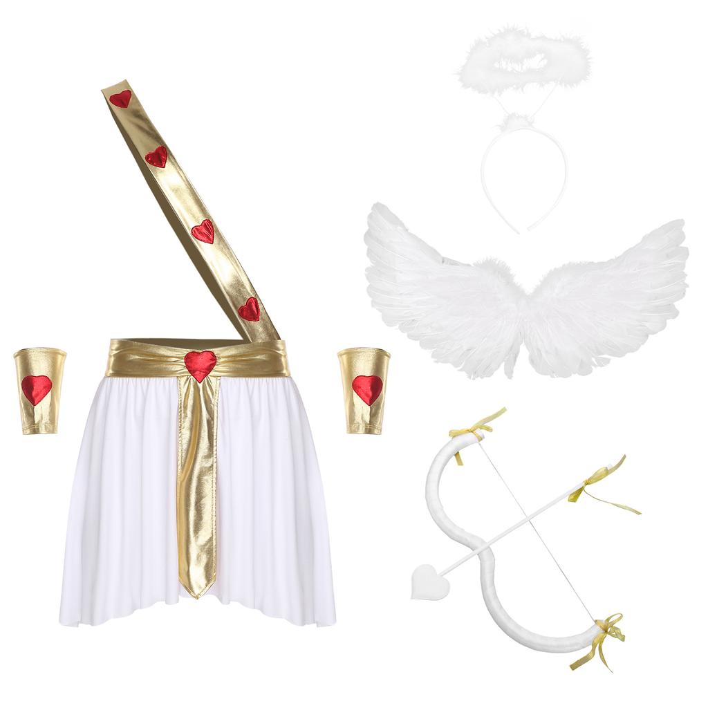 Mens Cupid Angel Costume Contrast Color Heart Skirt Detachable Sleeves Wings Set