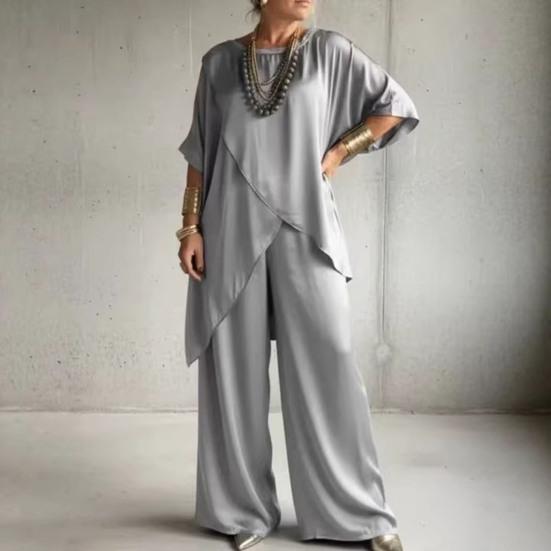 Damen 2-teilige Satin-Outfits Halbarm Asymmetrischer Saum Oberteil Weite Hosen Sets Sommer Lockere Lounge-Sets