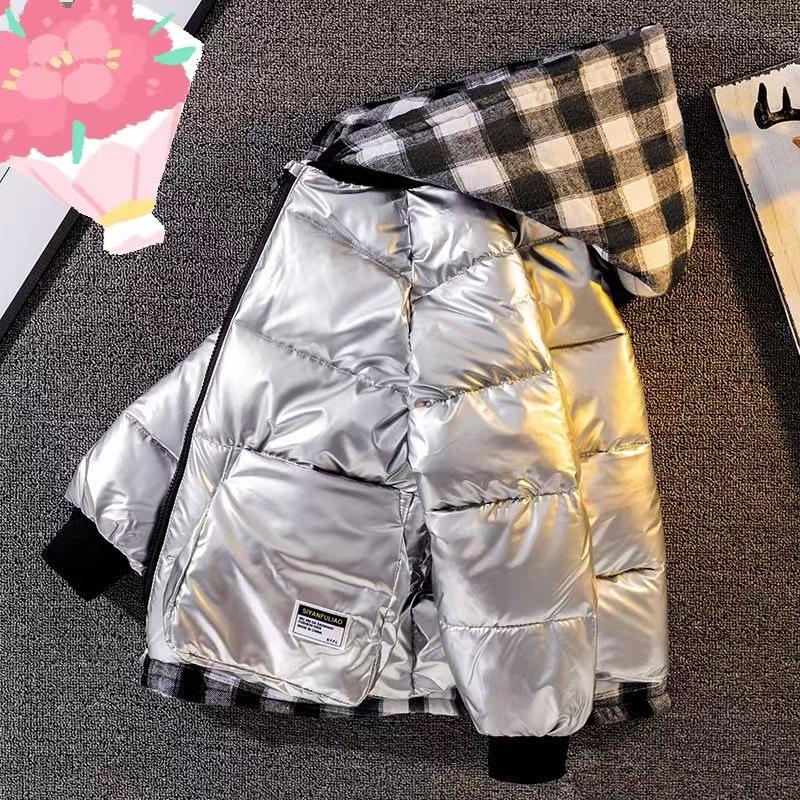 

Куртка-пуховик для мальчиков осень-зима клетчатая водонепроницаемая куртка с капюшоном на молнии детская одежда 120cm серебряный