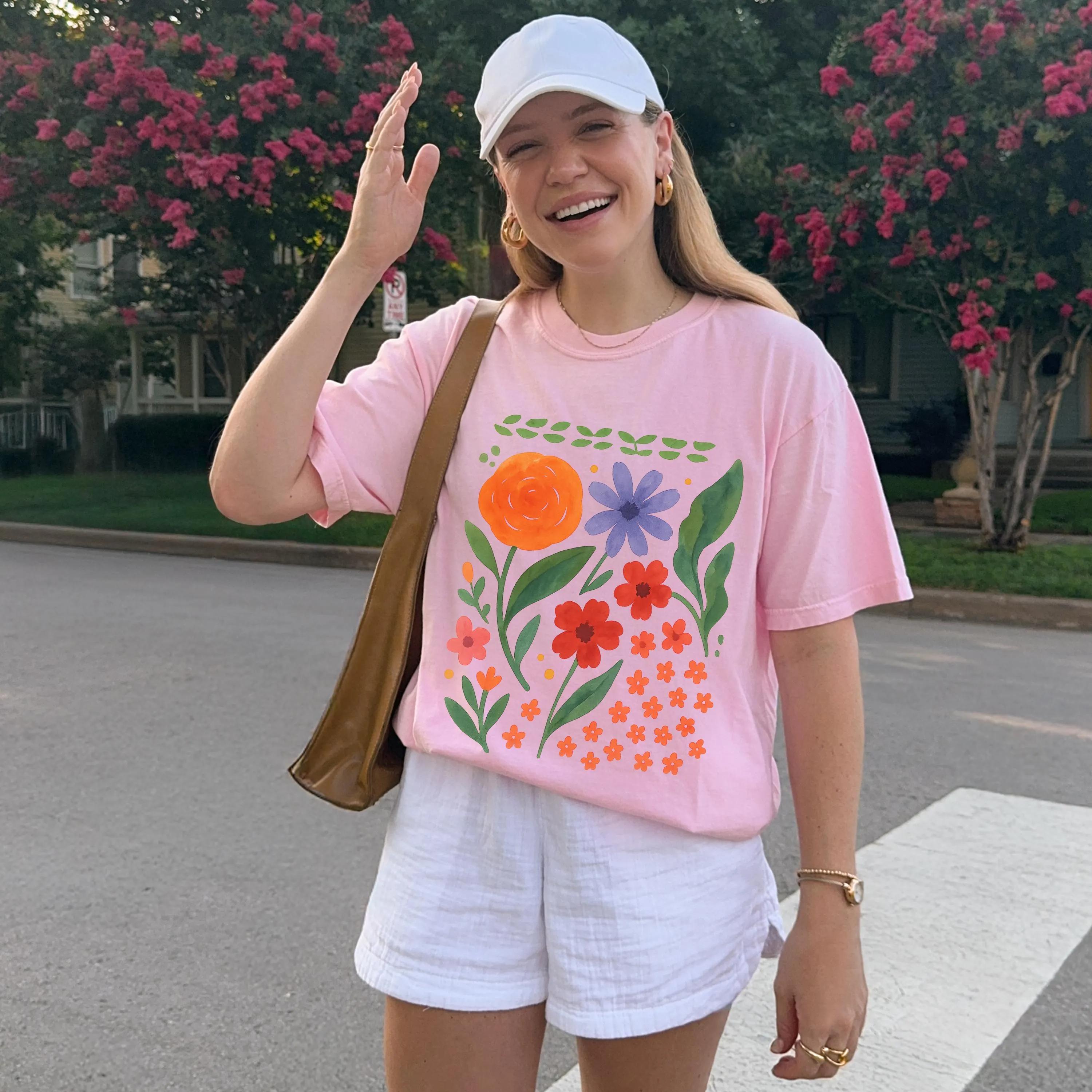 

Plus Size Summer Womens Vintage Painted Flowers Graphic TShirt Cotton Breathable Stylish Versatile Street Style Oversized XL