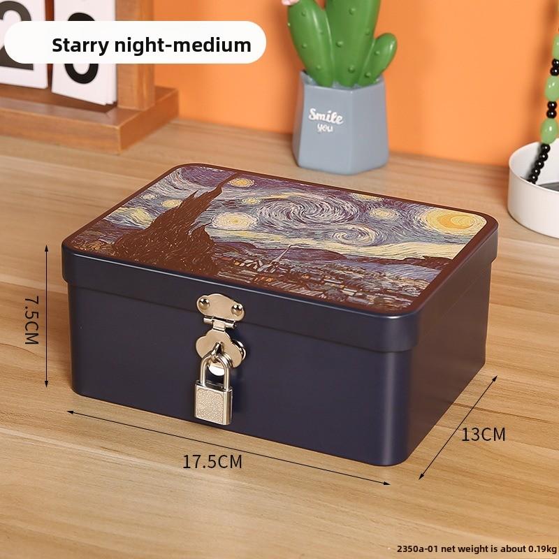 Retro Tinplate Box with Lock Key, Desktop Storage Box, Cosmetics, ID Storage, Household Jewelry Empty Box.