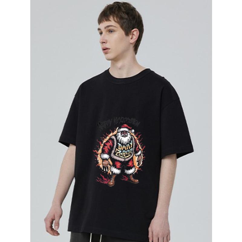 Black T-Shirt with Santa Claus and Flames Print Happy Halloween Design for Casual Wear