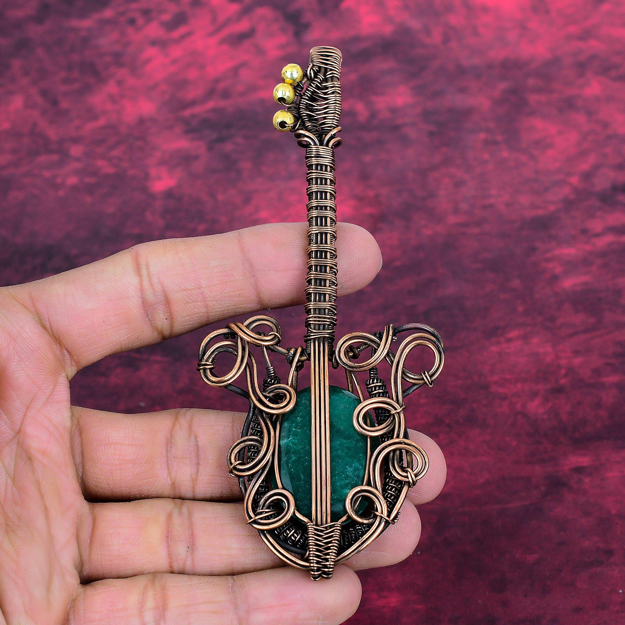 Faceted Zambian Emerald Pendant Copper Wire Wrapped Pendant Dainty Guitar Jewelry