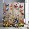 Flowers And Butterflies On Retro Wooden Boards Shower Curtain, Bathroom Shower Curtain, Waterproof Shower Curtain With Hooks
