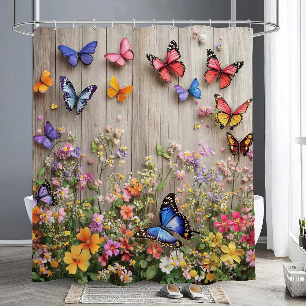 Flowers And Butterflies On Retro Wooden Boards Shower Curtain, Bathroom Shower Curtain, Waterproof Shower Curtain With Hooks
