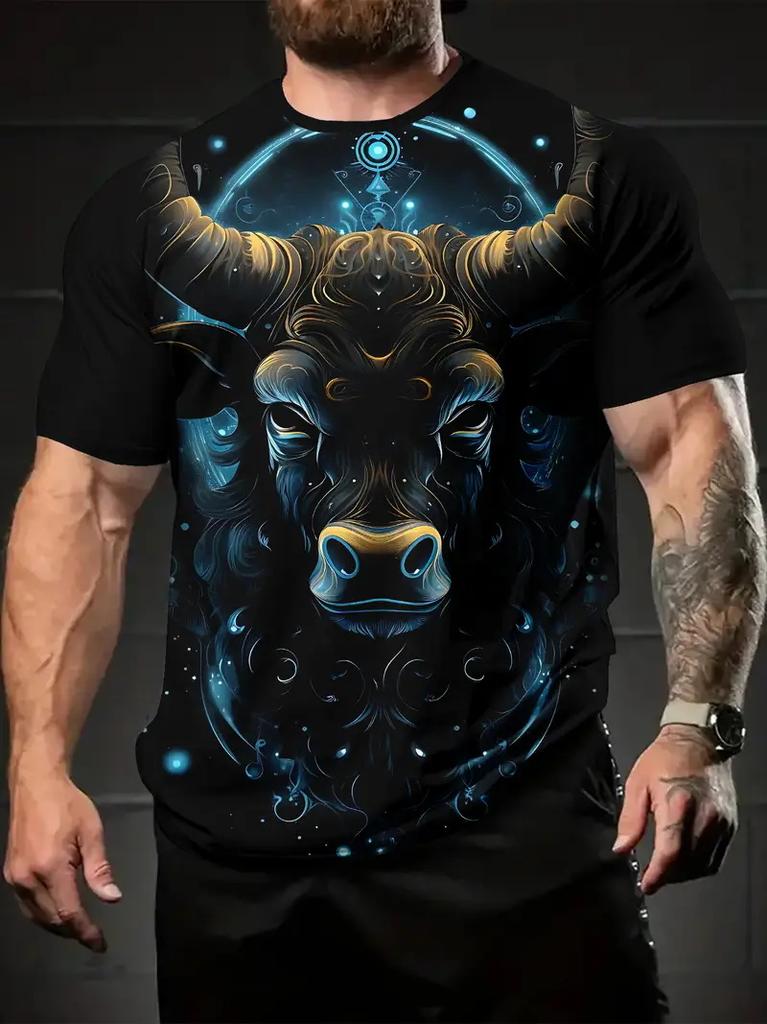 Fun Bull Pattern 3D Printed T-shirt Summer Men's Casual Fashion Round Neck Fashion Trendy Harajuku Personalized Short Sleeve Street Wear
