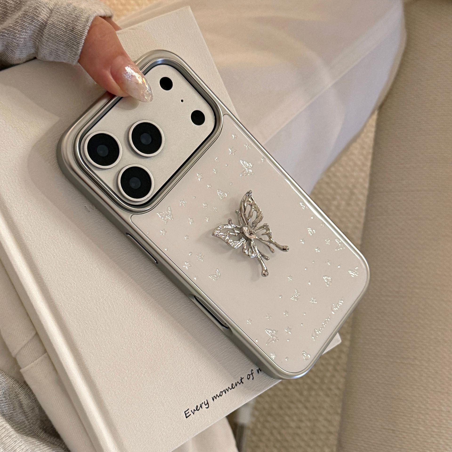 

Gilded Silver Butterfly Phone Case for iPhone 17 Pro Max - Light Luxury, Drop-proof with Lanyard Huawei P70 Pro