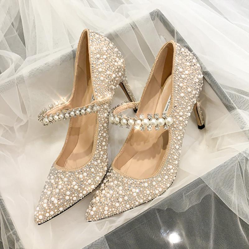 Fashion Bridesmaid Banquet High Heels, Women'S Thin Heels, Bride'S Wedding Shoes, Dress, Pearl And Crystal, Single Shoes For The Annual