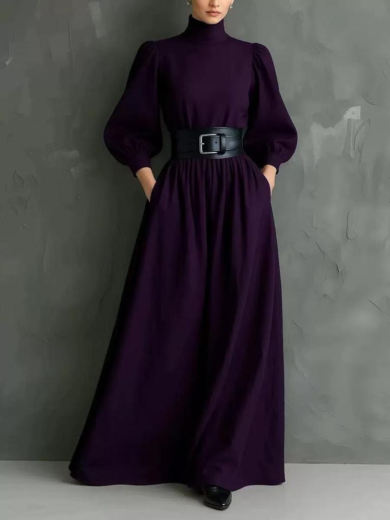 Herbst Winter 2025 Lila Elegantes Stehkragen Französisch Gefaltetes Langes Kleid mit Fließendem Großem Saum