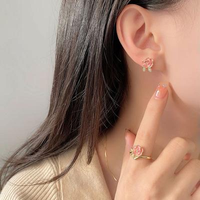 Juezi Rose Set Sweet Girlish Temperament Earrings Rings Best Friend Gift