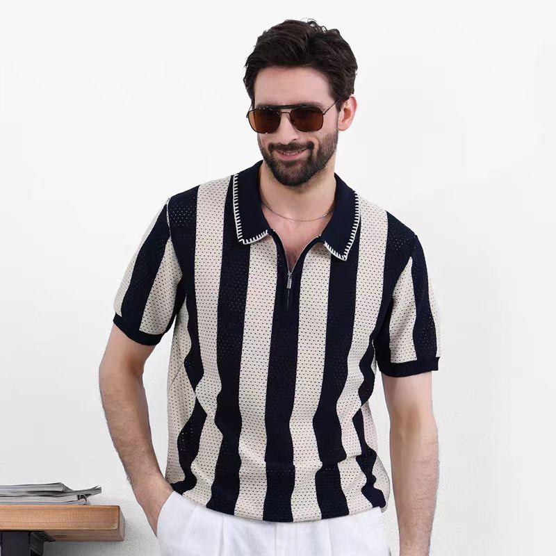 

Дизайнерская сенсация Поло в полоску из ледяного шелка с вырезами Летняя модная личность Крутой отложной воротник Футболка с коротким рукавом Топ M чёрный