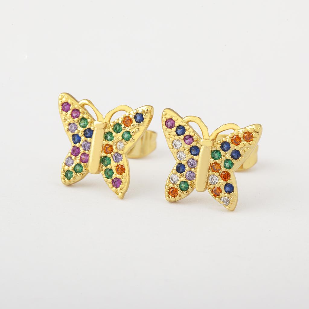 Nidin Hot Sale Rainbow Butterfly Shape Stud Earrings For Women Female Copper Inlaid Colorful Zircon Fashion Cute Ear Jewelry