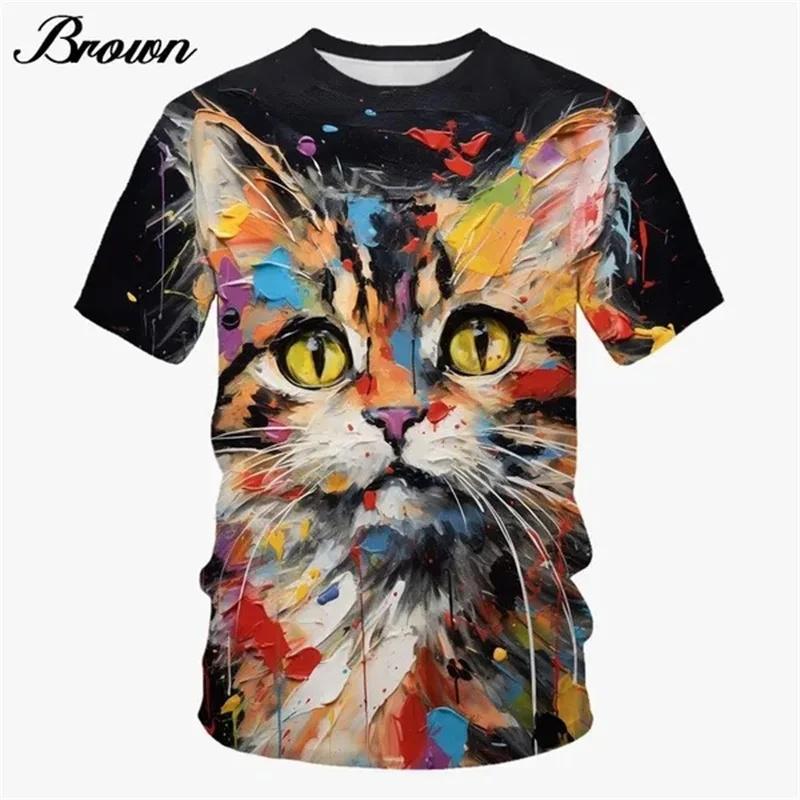 Cute Cat Pattern T-Shirt For Men Colorful Animal 3D Printed T Shirts Women Short-Sleeved Round Neck Tops Streetwear Kids Tees