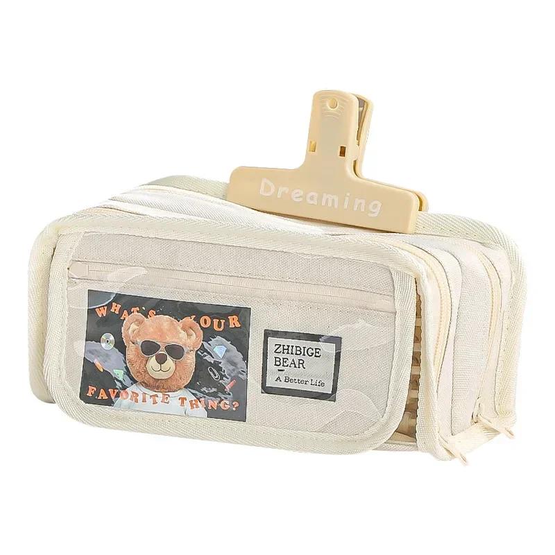 Simplicity Korean Pencil Case Large Capacity Beige Black Color Stationery Scrapbook Organizer Cute Student School Pen Bag