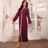 Women Muslim Fashion Loose Dress Ramadan Eid Abaya Dubai Turkey Islam Hand Stitch Drill Cowl-Neck Pullover Clothing