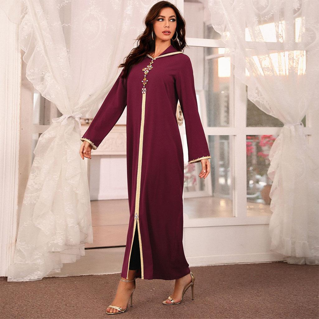 Women Muslim Fashion Loose Dress Ramadan Eid Abaya Dubai Turkey Islam Hand Stitch Drill Cowl-Neck Pullover Clothing