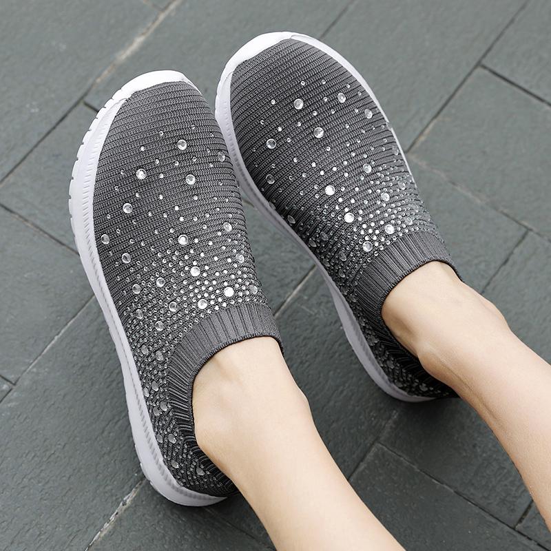 Fashion Women Flat Shoes Knitted Shoes Breathable Mesh Sneakers Crystals Sparkly Sock Shoes Casual Lightweight Walking Shoes