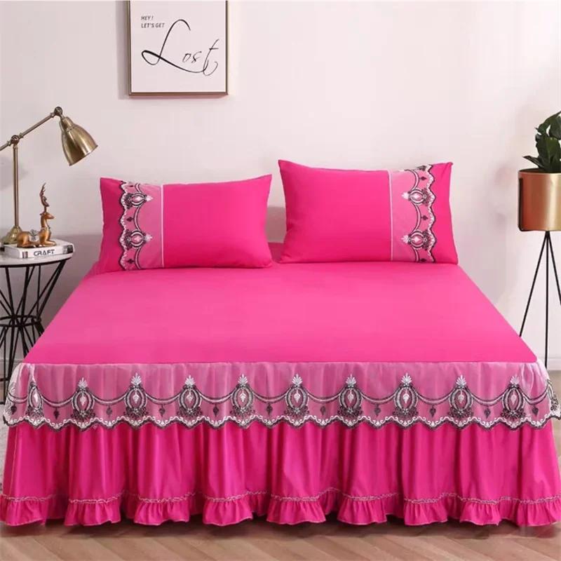 3pcs Bed Skirt Bedspread Pillowcase Ruffle Lace Anti Slip 1.8x2.0m Bed Cover Solid Colour Lace Mattress Dust Bedding Cover