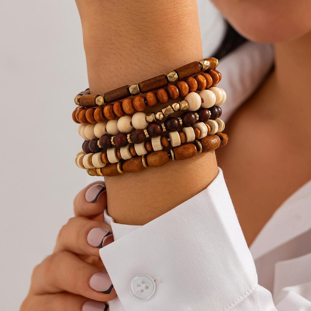 Women Beaded Bracelet Vintage Boho Style Handmade Leather Stretch Bracelet Fashion Vacation Men Accessories 5-piece Set