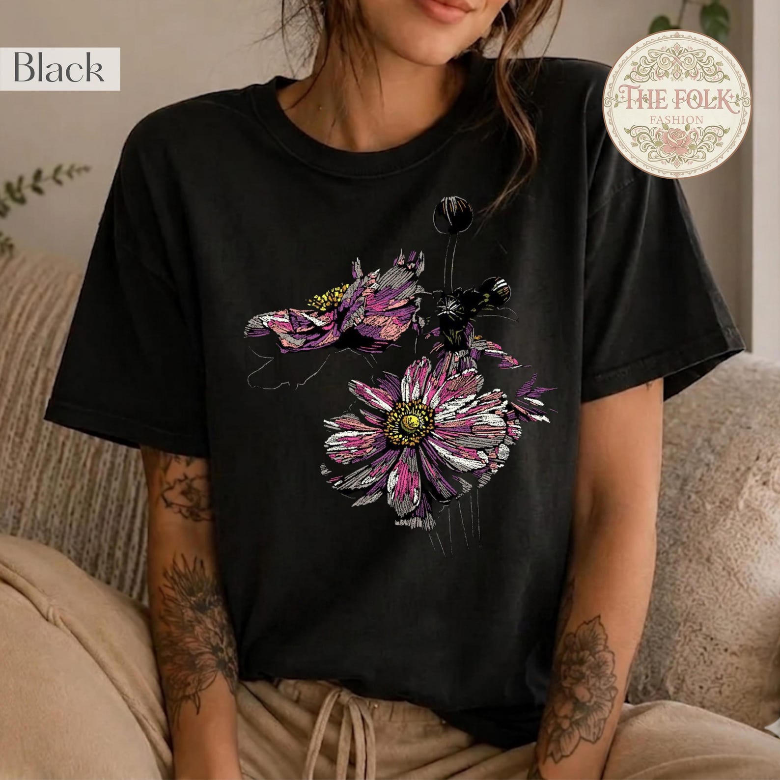 Vintage Wildflower Shirt, Aesthetic Floral Tee, Retro Botanical T-shirt, Sketch Purple Flower Shirt Pastel Grunge Tee, Boho Wildflower Shirt M