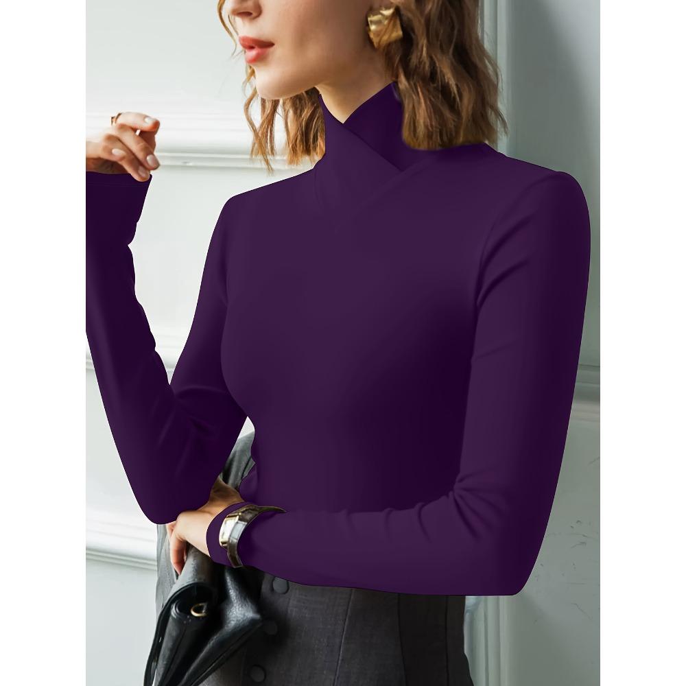 Women's Elegant Purple Long-sleeved T-shirt, Elastic and Comfortable Fit, Casual and Comfortable for All Seasons