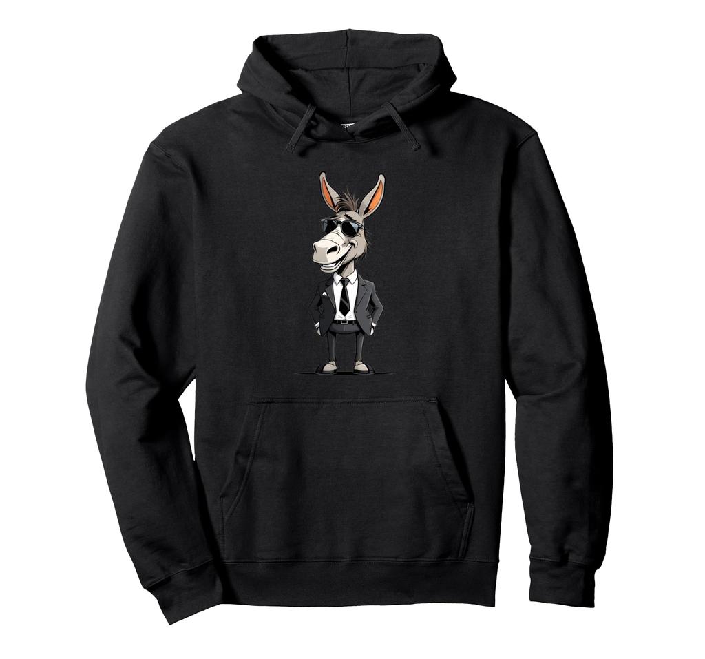 A unique donkey character hoodie wearing a suit and sunglasses