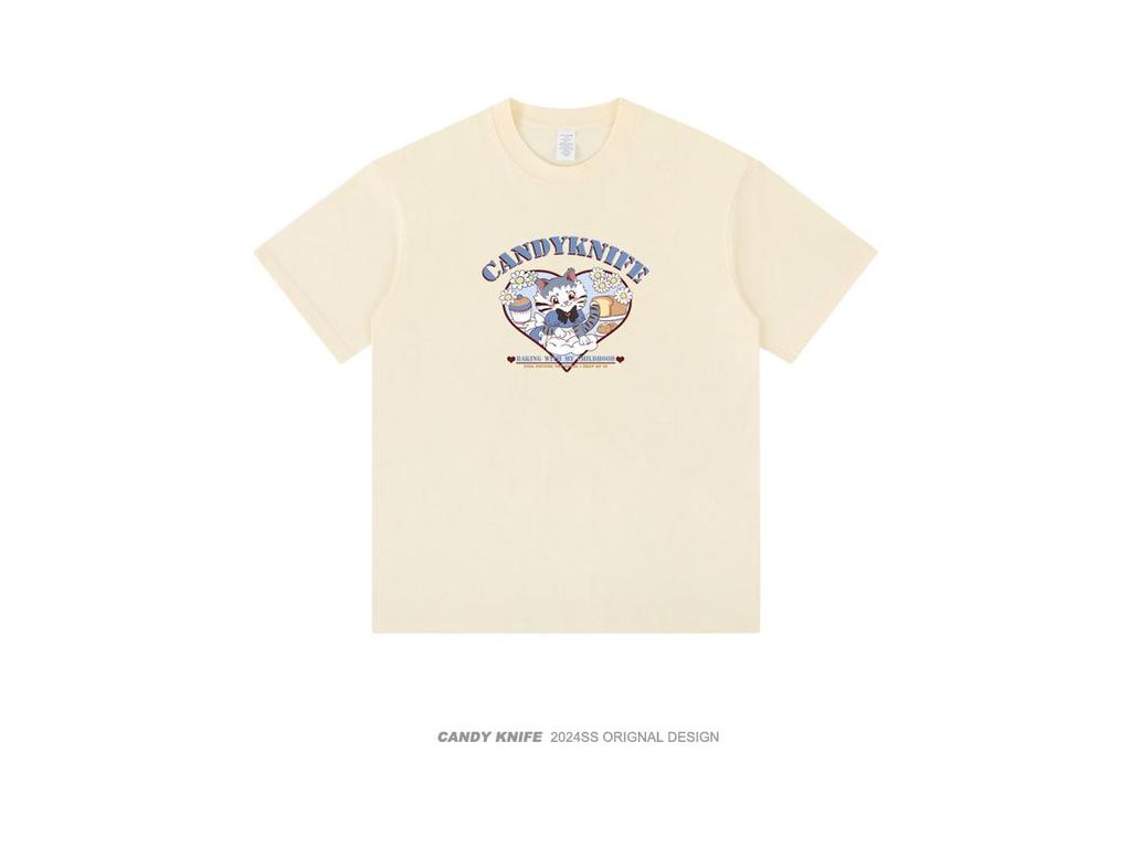 Lazy Style Pure Cotton Cute Kitten Short Sleeve Casual T-Shirt for Summer