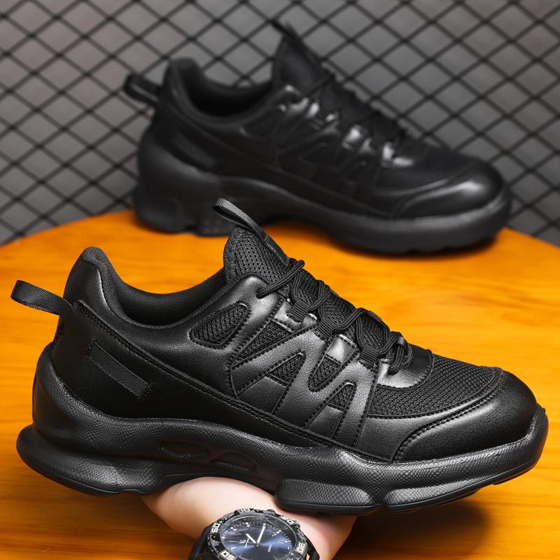 Outdoor black sneakers leather mesh men's casual running shoes shock-resistant training shoes walking sneakers