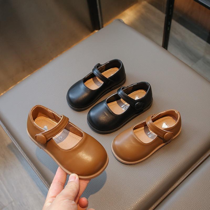 Fashion Little Girls Solid Color British Style Soft Sole Non Slip Leather Shoes